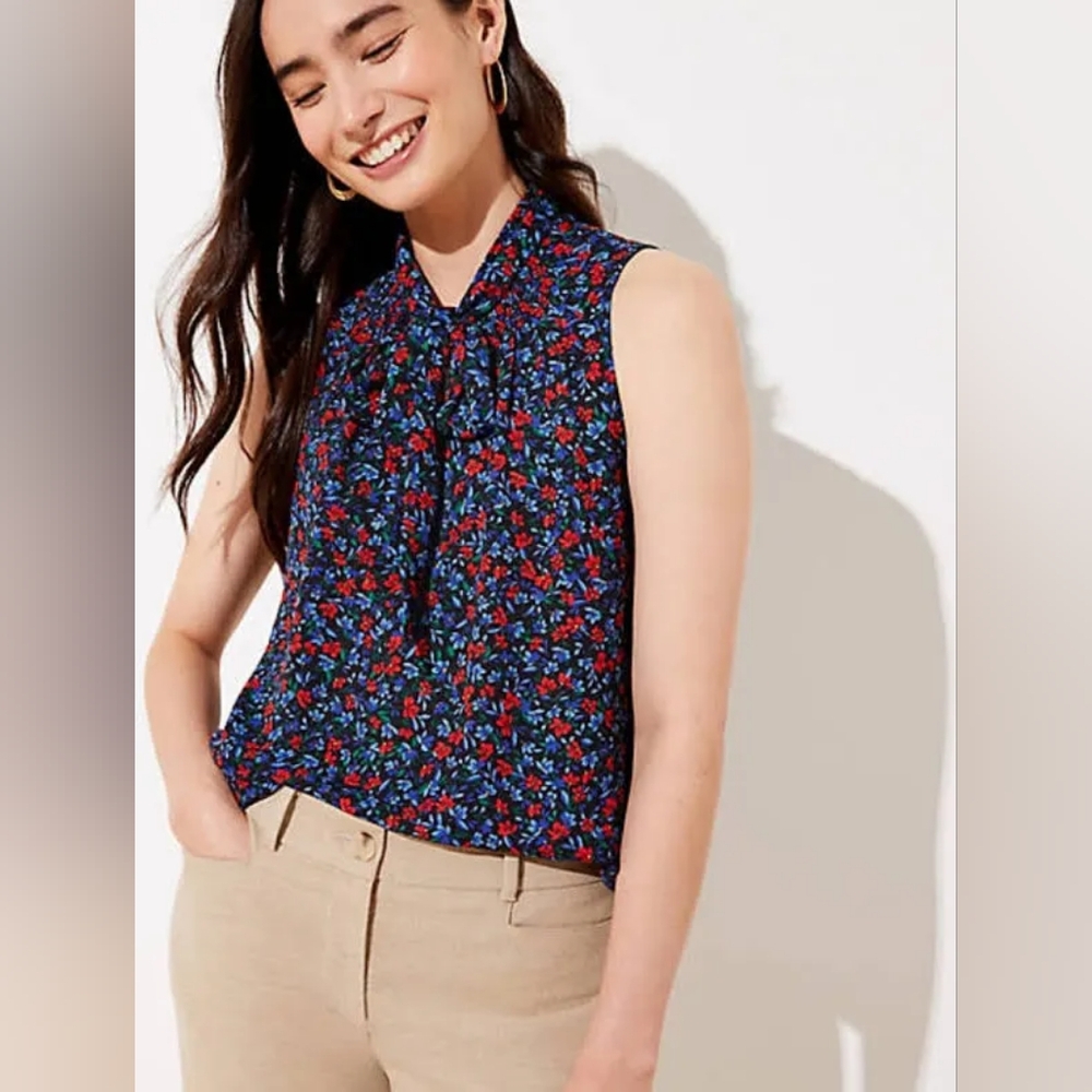 Loft Women's Floral Smocked Tie Neck Shell Top